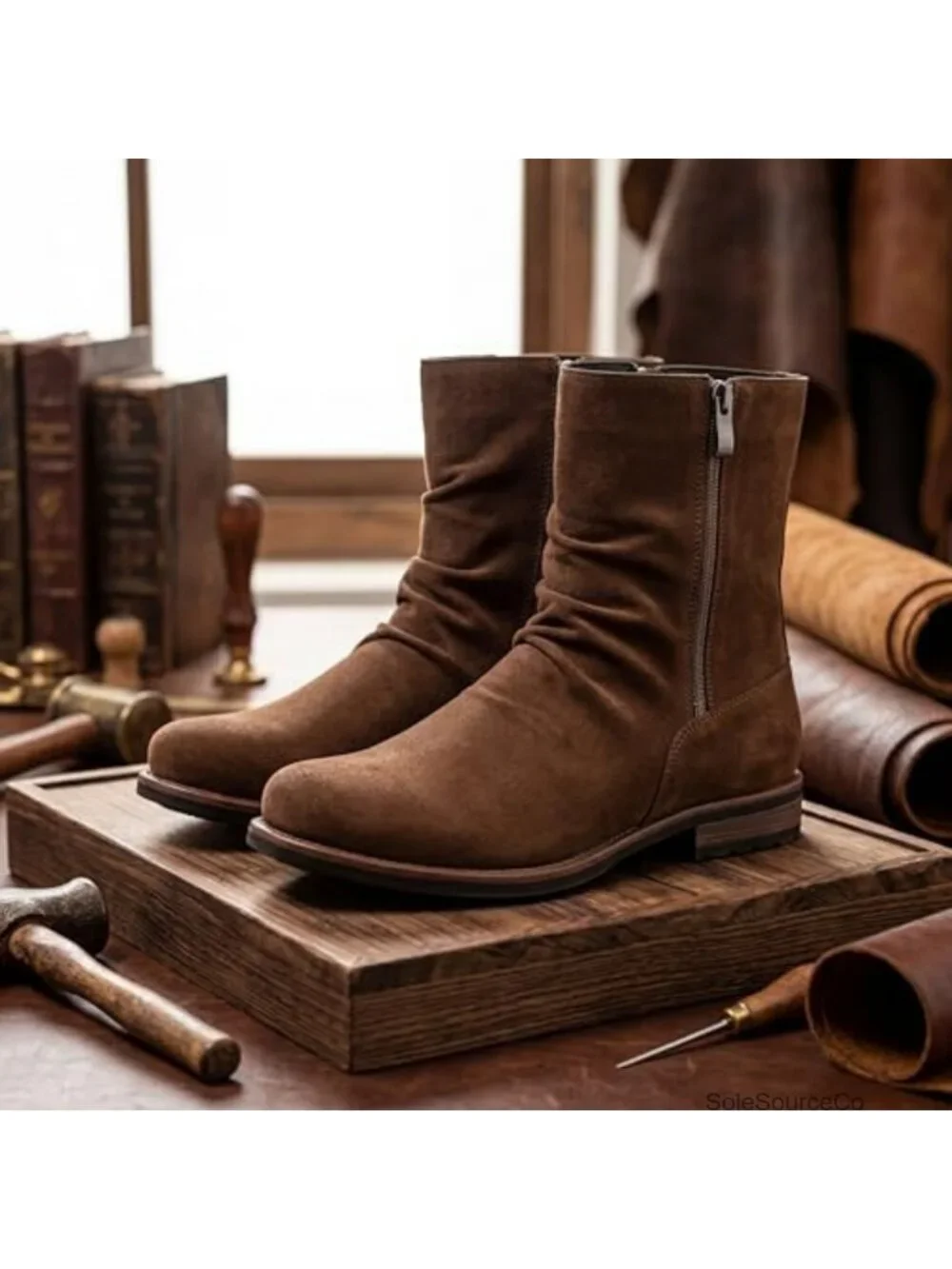 Men's Suede-Look Slouch Zip Mid-Calf Boot Rounded Toe Low Stacked Heel